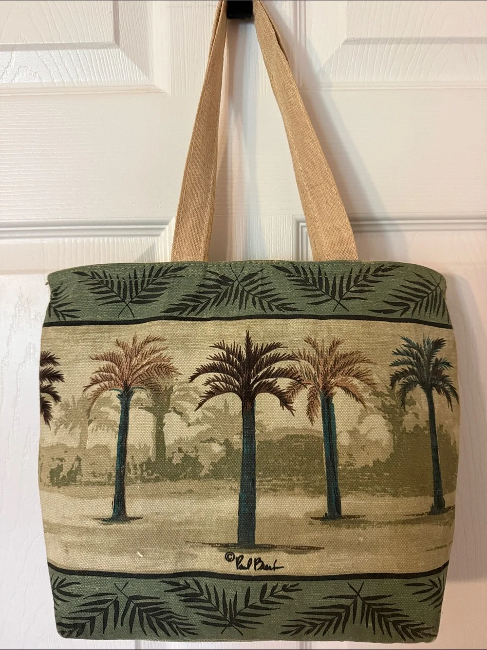 Paul Brent Canvas Palm-Print Tote Bag in Olive Green with Beige Straps